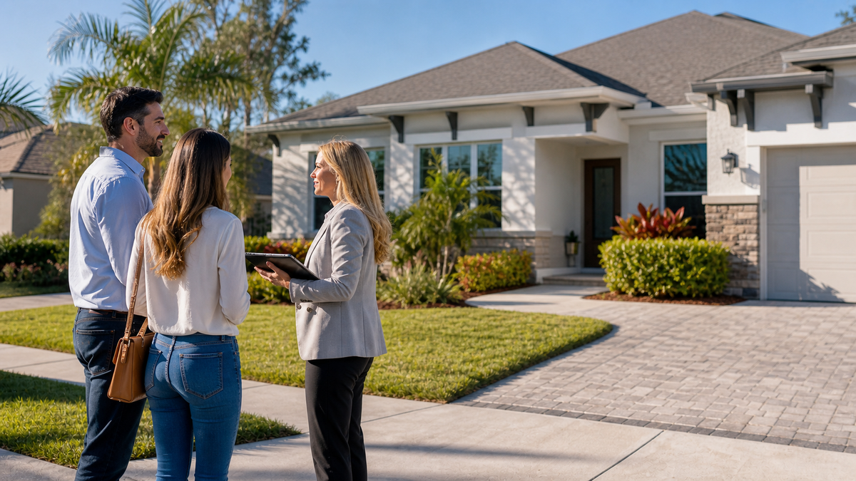 Buyer couple and real estate agent outside a Tampa Bay home discussing property taxes and monthly payment