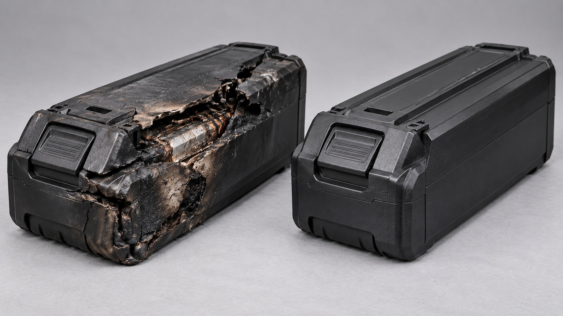 Generated comparison of a large, severely damaged battery pack on the left and an intact matching pack on the right.