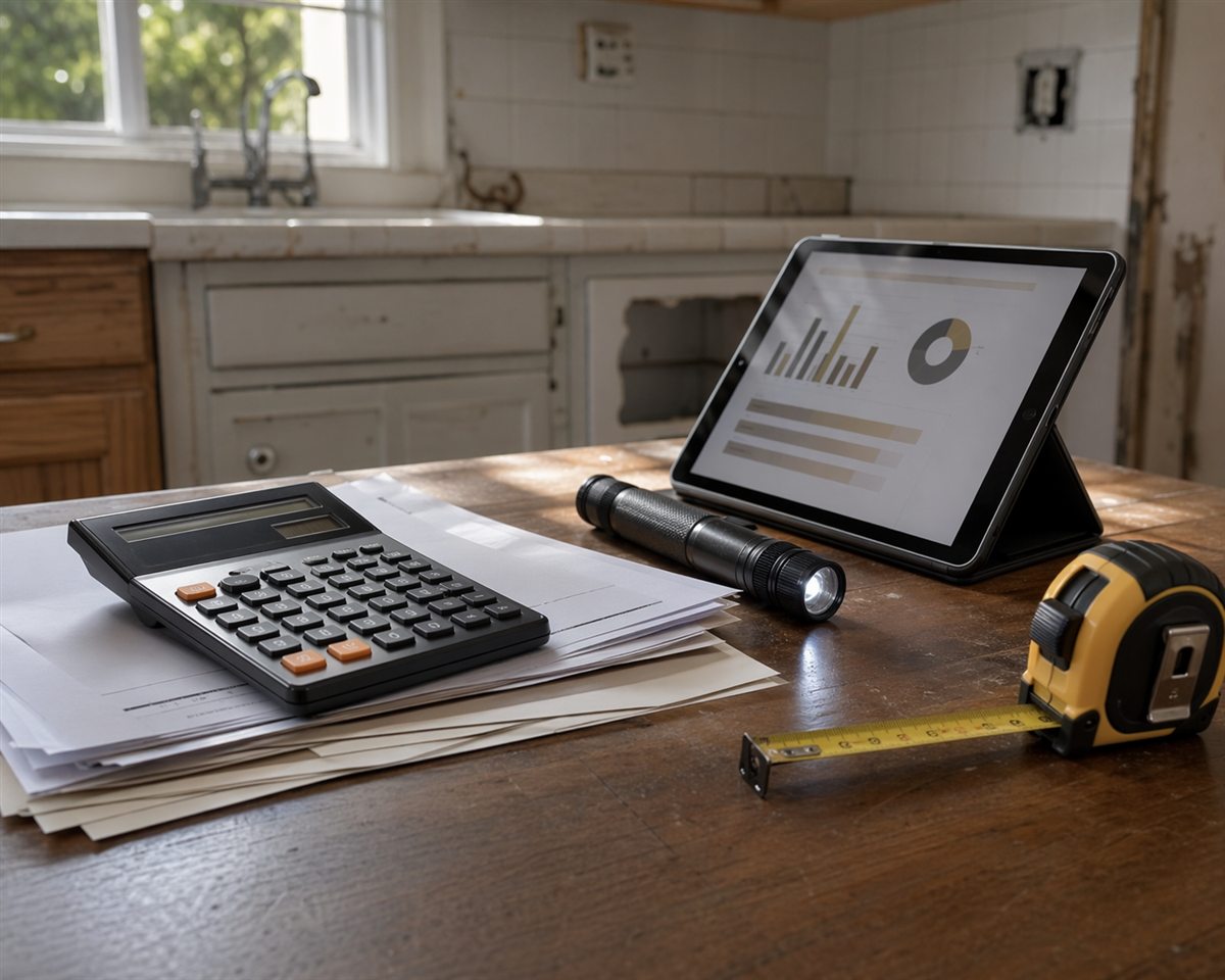 calculator and inspection tools in an older rental kitchen