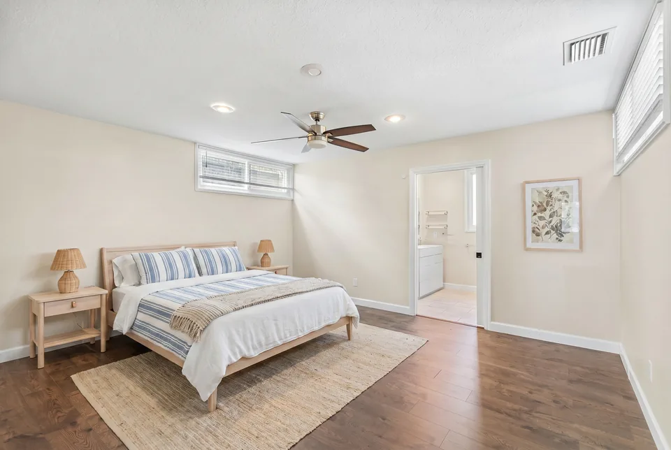 Virtually staged bedroom with contemporary furnishings