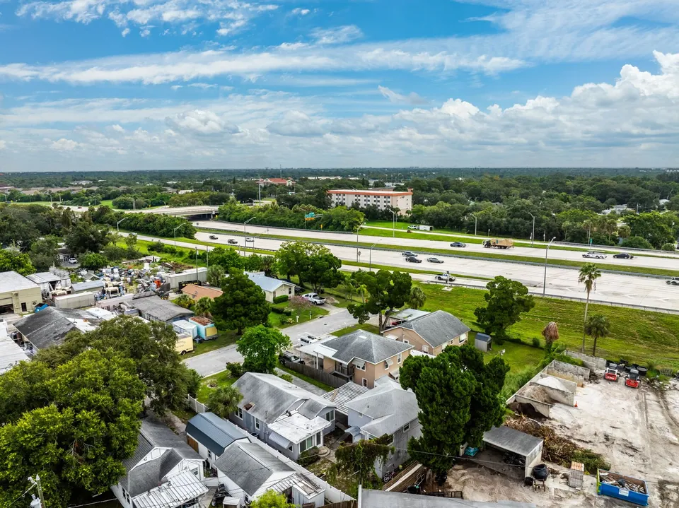Aerial view of the property and surrounding streets