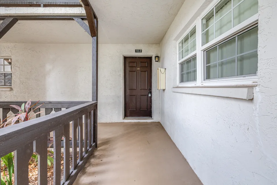 Covered patio facing the landscaped courtyard