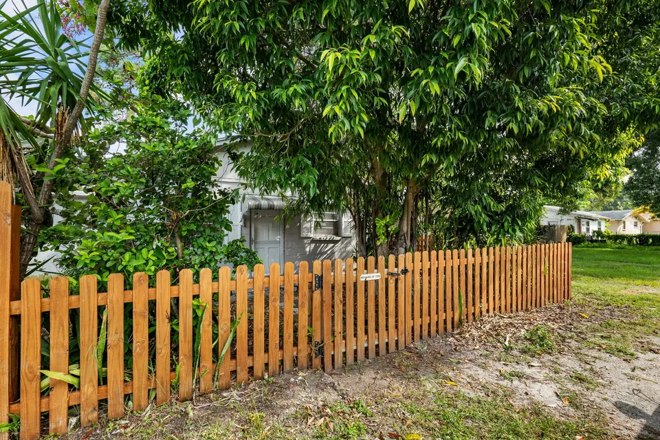 Fenced yard and mature tree
