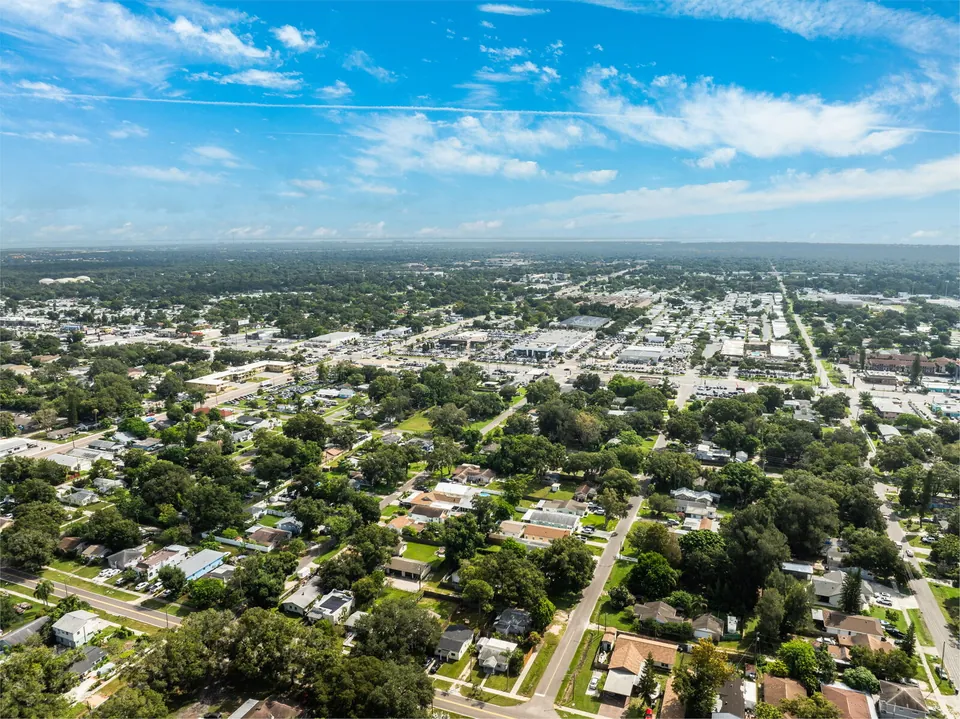 Aerial view toward nearby commercial corridors