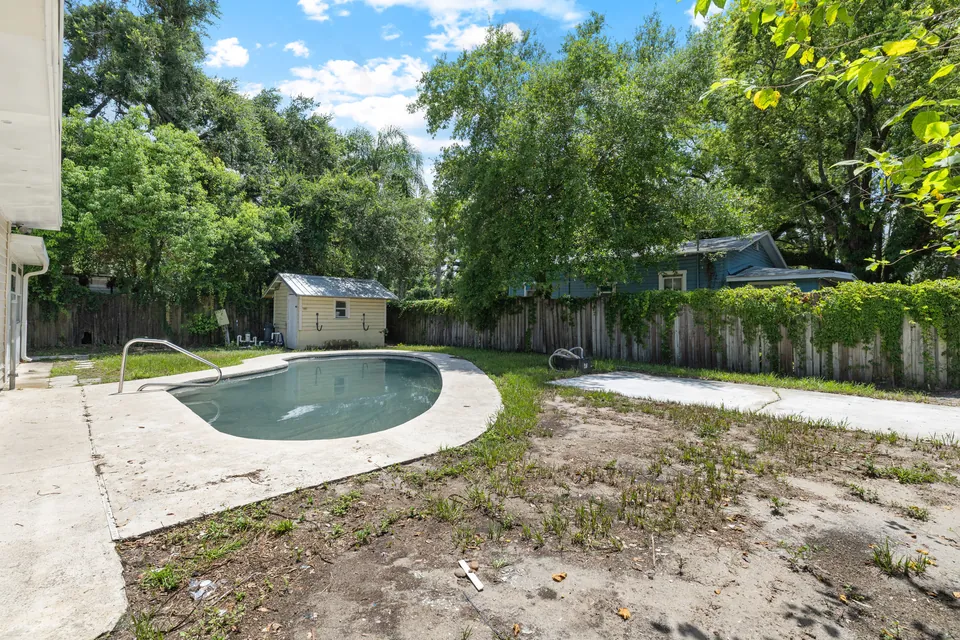 Swimming pool beneath mature trees