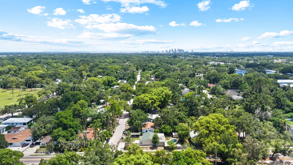 Wide aerial view over surrounding neighborhoods