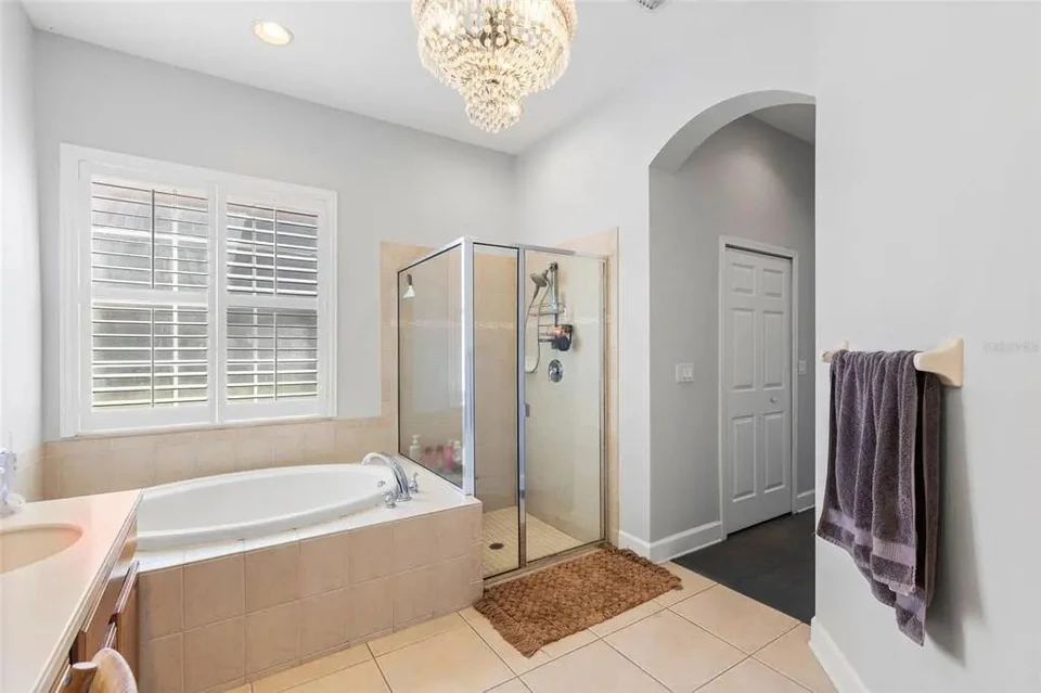 Primary bathroom with soaking tub at 9113 Creedmoor Lane