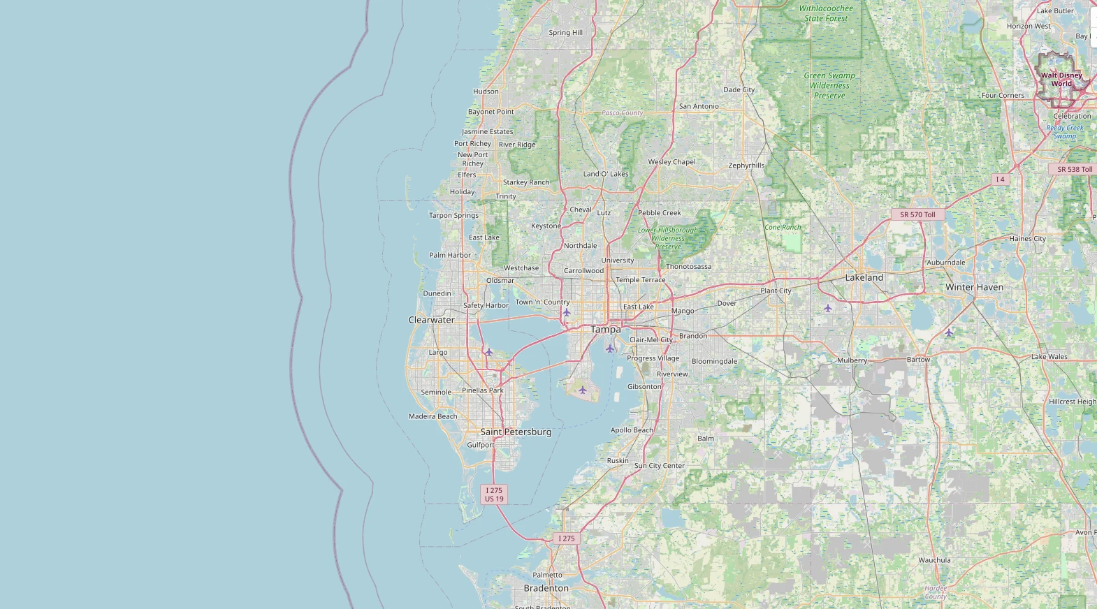 Street map of the Tampa Bay area, including Tampa, St. Petersburg, Clearwater, Brandon, Riverview, and southern Pasco County