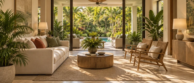 Illustrative Florida living room opening onto a tropical garden