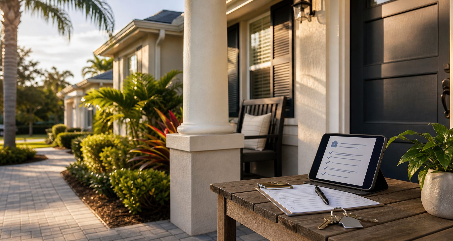 Tampa Bay rental home porch with keys, checklist, and owner handoff materials